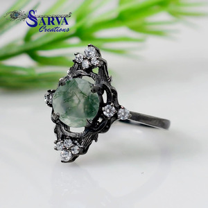 Bague en Agate Mousse Naturelle avec Sertissage à Griffes, Accents en Zircon Cubique, Argent Sterling 925, Style Vintage, pour Fiançailles, Mariage, Fête, Femme - Product Image 2