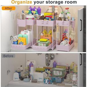 Set di 3 Cassetti e Carrelli Portaoggetti in Plastica a 2 Livelli, Organizzatori per Lavello di Cucina e Bagno, Cassetti Scorrevoli per Facile Organizzazione - Product Image 5