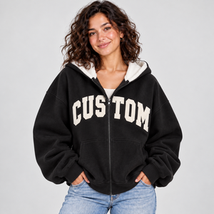 Heavyweight Black Varsity <b>Hoodie</b> Women <b>Sherpa</b> Lined Zip Up Sweatshirt Custom Applique Letter Split Hooded Jacket Streetwear - Product Image 1