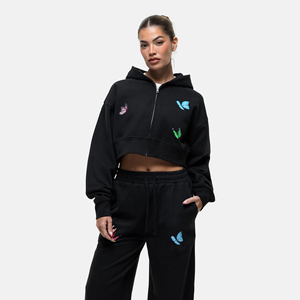 Sudadera con Capucha Corta Negra para Mujer con Mariposas Bordadas, Sudadera con Cierre, Manga Regular, Tejido de Algodón, Ropa de Otoño - Product Image 1