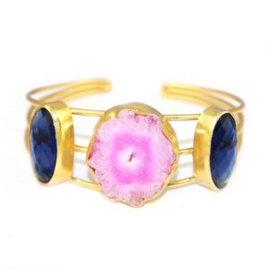 Royal Fashion Natural Pink Solar Quartz Blue Hydro Quartz 24K <b>Gold</b> Plated Bangle for Women Girls <b>Adjustable</b> Bangle Jewellery - Product Image 1