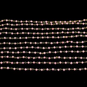Chaîne de chapelet en quartz rose hydrofatté, perles rondes facettées de 3 mm, fil plaqué or, pour la fabrication de bijoux - Product Image 4