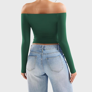 Women Off The Shoulder <b>Long</b> <b>Sleeve</b> <b>Crop</b> Top Solid Color Seamless Full <b>Sleeve</b> Green Yoga Top - Product Image 4