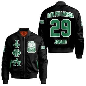 Veste bomber personnalisée Iota Phi Lambda pour femmes, noire, avec inscription grecque et blason sur le devant et le dos, fermeture éclair intégrale - Product Image 3