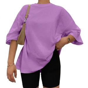 Oversized Plus Size Women's T-Shirt Solid Purple 100% Cotton Crew Neck Short Sleeve Loose Fit Regular Length Jersey Fabric - Product Image 5