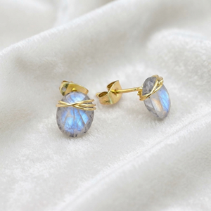 Boucles d'oreilles en fil d'or plaqué 18 carats avec pierres de lune arc-en-ciel Ratnarachit, forme géométrique, serties de griffes, pour femme, fiançailles - Product Image 4