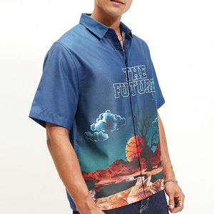 Chemise décontractée pour homme à manches courtes bleue, col rabattu, imprimé popeline, respirante, avec logo frontal, style hawaïen pour la plage - Product Image 2