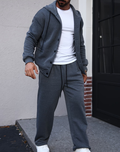 Men's Hooded Sweatshirt Set Gray 100% Cotton French Terry Fabric Breathable Casual Two-Piece Autumn Wear Hooded Two-Piece Set - Product Image 1