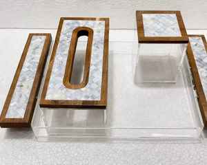 Plateau de service rectangulaire en acrylique transparent avec poignée en bois, écologique, compatible lave-vaisselle, pour mariage et décoration intérieure, vaisselle et assiettes - Product Image 3