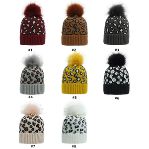 Factory Direct Sales ODM Fashion Warm Thick Jacquard <b>Lady</b> Leopard Print Knit With Pompoms Winter <b>Beanie</b> <b>Hats</b> - Product Image 3