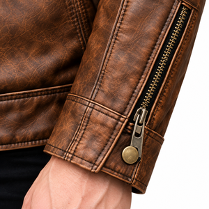 Chaqueta de Motociclista de Cuero Marrón para Hombre, Cuello Alto, Cierre de Cremallera, Corte Ajustado, para Otoño - Product Image 6
