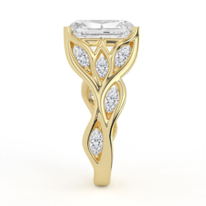 Enchanting Radiant Cut <b>Diamond</b> <b>Ring</b> Openwork Leaf Motif Yellow Gold Marquise Vine Accents Luxury Bridal Jewelry - Product Image 6