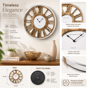 Large Rustic Wooden Wall <b>Clock</b> with Roman Numerals Decorative Quartz Timepiece for Living Room Office Farmhouse Home Decor - Product Image 5