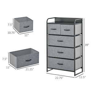 Comò grigio a 5 cassetti con struttura in acciaio in legno e Organizer a 4 livelli per uso camera da letto o corridoio - Product Image 3
