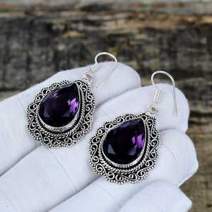 Nikhil Gems Amethyst Gemstone Drop <b>Earrings</b> Platinum Plated Peace Shape Sterling Silver 925 Handmade Jewelry Gift for Women - Product Image 2