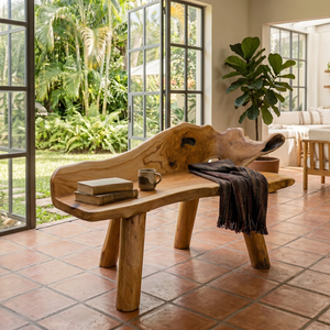 Banco de raíz de teca rústico premium ARTERRA, hecho a mano por artesanos, moderno, rectangular, para patio exterior, hogar, villa, resort y cafetería. - Product Image 3