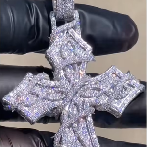 จี้รูปกางเขนประดับมอยส์ซาไนต์ ชุบทองบนเงินแท้ พร้อมสร้อยเชือก สำหรับทุกเพศ สไตล์คริสเตียน ฮิปฮอป แฟชั่น เหมาะสำหรับงานปาร์ตี้ ของขวัญเครื่องประดับ - Product Image 1