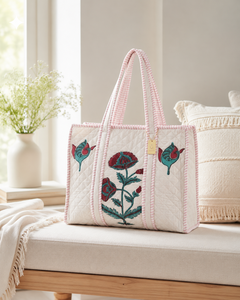 Premium Large Hand Block Printed Quilted Cotton Tote Bag Floral Jaipur <b>Shopper</b> Bag For Women Export Quality - Product Image 2