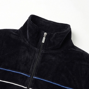 Black Velvet Blue White Stripe Track Jacket| Stand Collar Zip Up Velour Bomber |Retro Streetwear Jacket| Custom OEM Manufacturer - Product Image 3