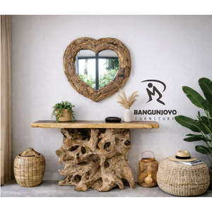 Mesa Consola de Raíz de Teca con Tapa de Madera Suar y Elementos de Vidrio, Construcción de Madera Sólida, Diseño Moderno, Almacenamiento para Sala de Estar - Product Image 1