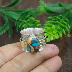 Natural Oyster Copper Turquoise <b>Ring</b> Handmade 925 Sterling Silver And Brass <b>Statement</b> <b>Ring</b> Boho Artisan GemstoneJewelry herwomen - Product Image 5