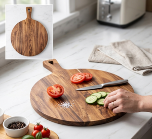 Tabla de cortar redonda de madera de acacia con asa (redonda, 1.5 cm de grosor), tabla para pizza, 100% ecológica, bloque de corte para cocina. - Product Image 4