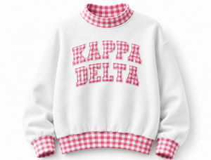 Sudadera Oversize Personalizada para Mujer con Cuello Alto, Ribete de Gingham, Apliques y Letras Bordadas, Estilo Sorority, Venta al por Mayor, Marca Privada - Product Image 1