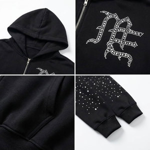 Sudadera con capucha negra para hombre, corte holgado, con estampado de letras brillantes y mangas con pedrería, estilo urbano, para invierno - Product Image 6