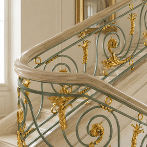 Luxury Sage Green Gold Ornate Stair <b>Railing</b> Curved Wrought Iron Balustrade for Villa Mansion Interior Decor - Product Image 1