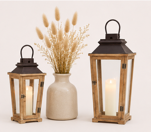 Handmade Rustic Wooden Candle <b>Lantern</b> <b>Set</b> of 2 with Metal Top Vintage Distressed Wood Decorative Floor <b>Lanterns</b> for Home Decor - Product Image 4