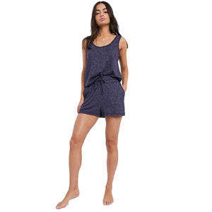 Combinaison sans manches en tricot bleu marine pour femme avec taille à cordon de serrage, ensemble décontracté de shorts amples, vêtements de nuit en coton respirant - Product Image 1