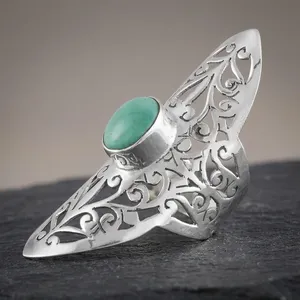 925 Silver Vintage Filigree Ring With Tibetan Turquoise Gemstone Shield Shape Bezel Setting Unisex Everyday Wear Jewelry - Product Image 4