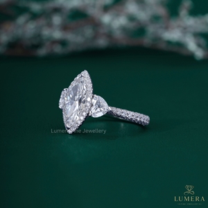 3.96CT Marquise Cut Lab Grown Diamond Halo Engagement Ring 14K 18K White Gold Heart Side Stone Multi <b>Row</b> Pave Band Bridal Ring - Product Image 5