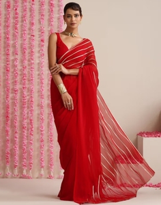 KV <b>Red</b> and Gold Triangle Impression Georgette <b>Saree</b> With Unstitched Blouse - Product Image 4