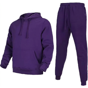Ensemble de survêtement unisexe violet à capuche 100 % coton, couleur unie, manches longues, décontracté, avec cordon de serrage et poches, pour l'automne - Product Image 3
