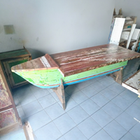 Table à manger rustique artisanale en forme de bateau, en bois massif, écologique, couleur naturelle, pour jardin, parc, salle à manger, meubles d'extérieur