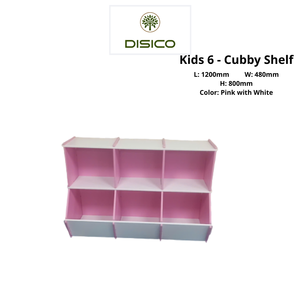 Étagère à 6 compartiments DISICO pour enfants, 1200x480x800mm, rose avec blanc, bibliothèque murale en MDF, design moderne - Product Image 1