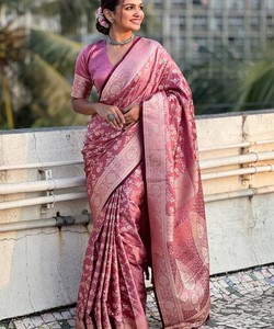 Pink Silk Saree Traditional Indian Wedding Wear Banarasi Style with Border Pattern <b>Floor</b>-Length for Women - Product Image 1