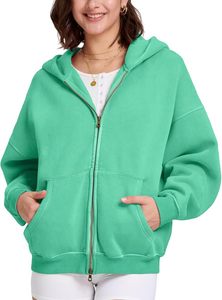 Sudadera con capucha de punto para mujer, informal, con cremallera, a la moda, deportiva, holgada, de manga larga, color verde claro - Product Image 2