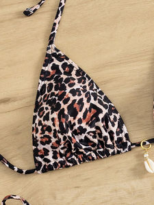 Women's Leopard Print <b>Bikini</b> <b>Set</b> Two Piece <b>Triangle</b> Top With Pearl Decoration Tie Side Bottoms Stretch Swimwear - Product Image 4