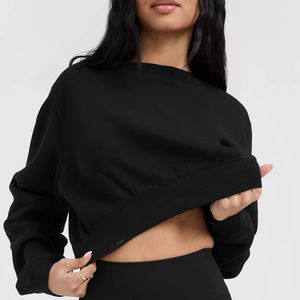 Sudadera con capucha de algodón para mujer, ligera, deportiva, cuello redondo, top corto, sudadera corta, informal, estilo urbano, hombros caídos, tejida - Product Image 2