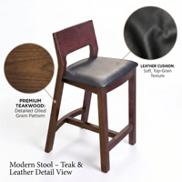 Tabouret de bar minimaliste réglable en teck massif avec siège rembourré en cuir noir, chaise haute, mobilier commercial de luxe