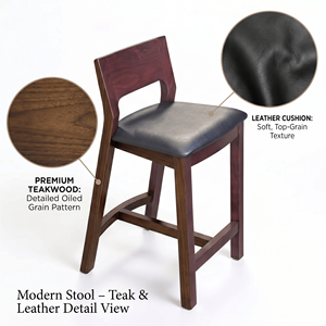 Solid Teak Wood <b>Bar</b> <b>Stool</b> Black Leather Upholstered Seat High Chair For Restaurant Cafe Kitchen Luxury Commercial Furniture - Product Image 6