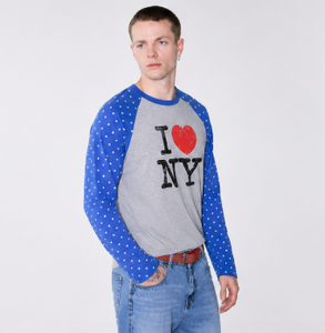 T-shirt à manches raglan pour homme I Love NY, étoiles bleues, corps gris, col rond, coupe décontractée, jersey de coton, imprimé numérique sur le devant, 320g - Product Image 2