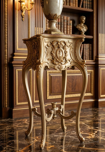 Teak Wood Traditional Eco-Friendly Antique Gold Hand Carved Solid Wood Movable Coffee <b>Table</b> with Flower Stand - Product Image 1