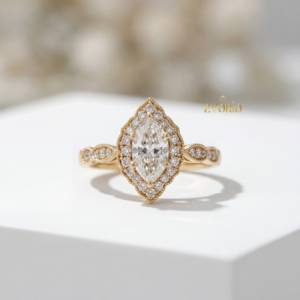 Magnifique bague de fiançailles en diamant de forme marquise cultivé en laboratoire, finition vintage Milgrain, or 14K/18K, cadeau de mariage ou de fête - Product Image 3