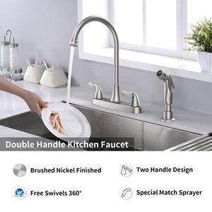 Rubinetto da Cucina Girevole a 360° con Due Maniglie e Spruzzatore Laterale Estraibile, Installazione a 4 Fori da 8 Pollici, in Acciaio Inox 304 con Finitura Nichel Spazzolato - Product Image 5