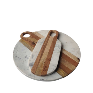 Juego de 2 tablas de cortar redondas de diseño moderno en madera de acacia y mármol negro, duraderas para servir y cortar en la cocina. - Product Image 5