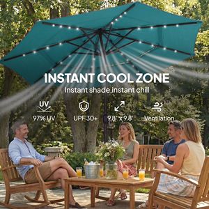 Ombrellone da Patio a 3 Livelli, Raggio 2,5m, Colore Teal, con Luci LED Solari e Manovella Inclinabile per Uso in Cortile - Product Image 6