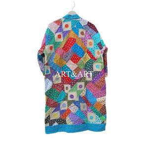 Bata Kimono de Punto de Algodón Orgánico para Otoño/Invierno, con Estampado Kantha, Acolchado a Mano, Patchwork, Rayas y Borde Crudo, Corte Corto - Product Image 5
